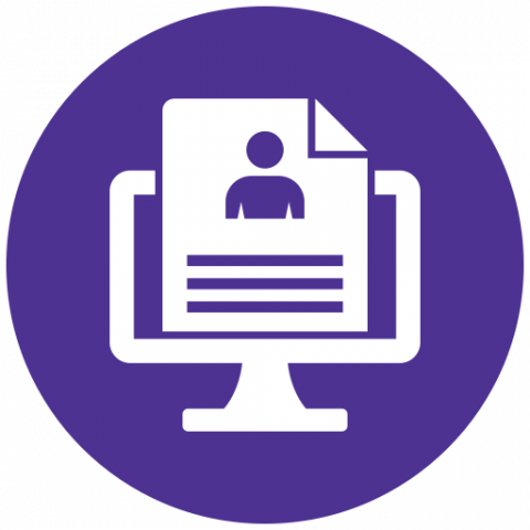 ícone de homologação. Um computador e um arquivo com foto de pessoa.